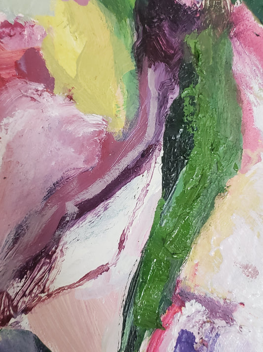 Abstract flower oil painting with a mix of green, pink, yellow, and purple colors.