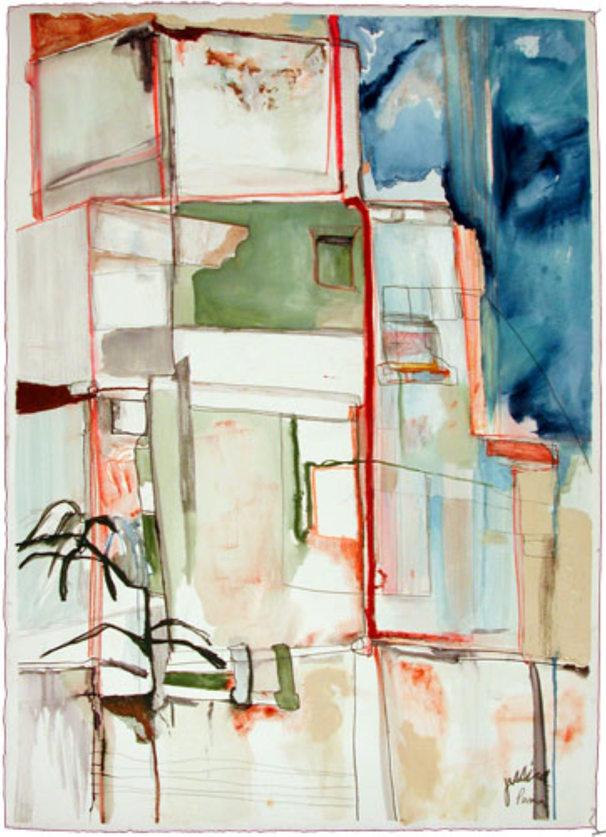 Abstract watercolor painting with geometric shapes and colors
