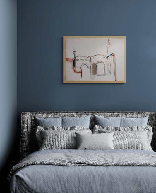 Jessica Puma's watercolor painting of the Basilica of Sacre Coeur, Paris France, with arches and columns on a white background.