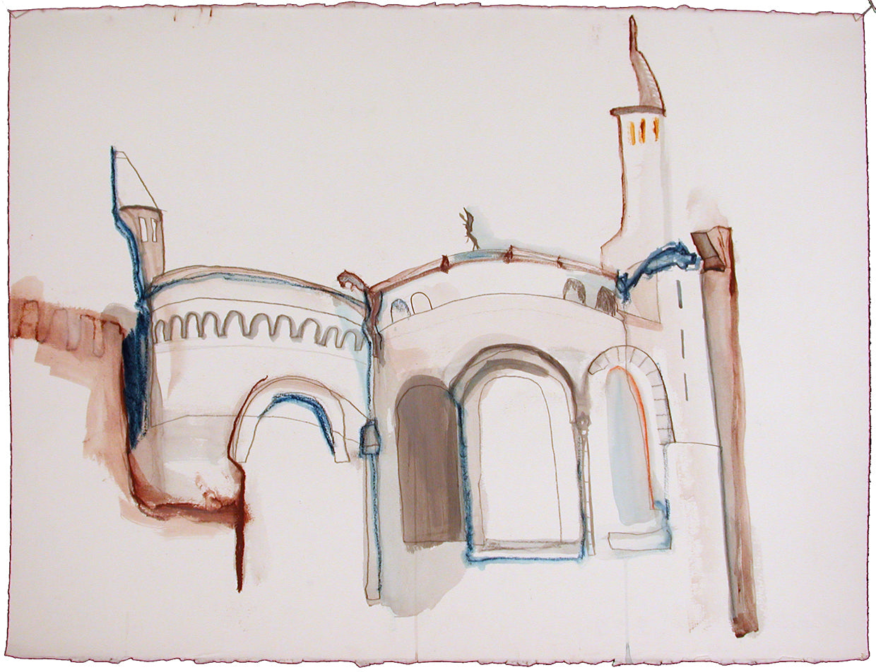 White Heart by Jessica Puma depicts Sacre Coeur as a large grey and white silhouette in Paris. A watercolor architectural sketch with towers and arched windows, rendered in brown, blue, gray, and orange tones on a white paper background.
