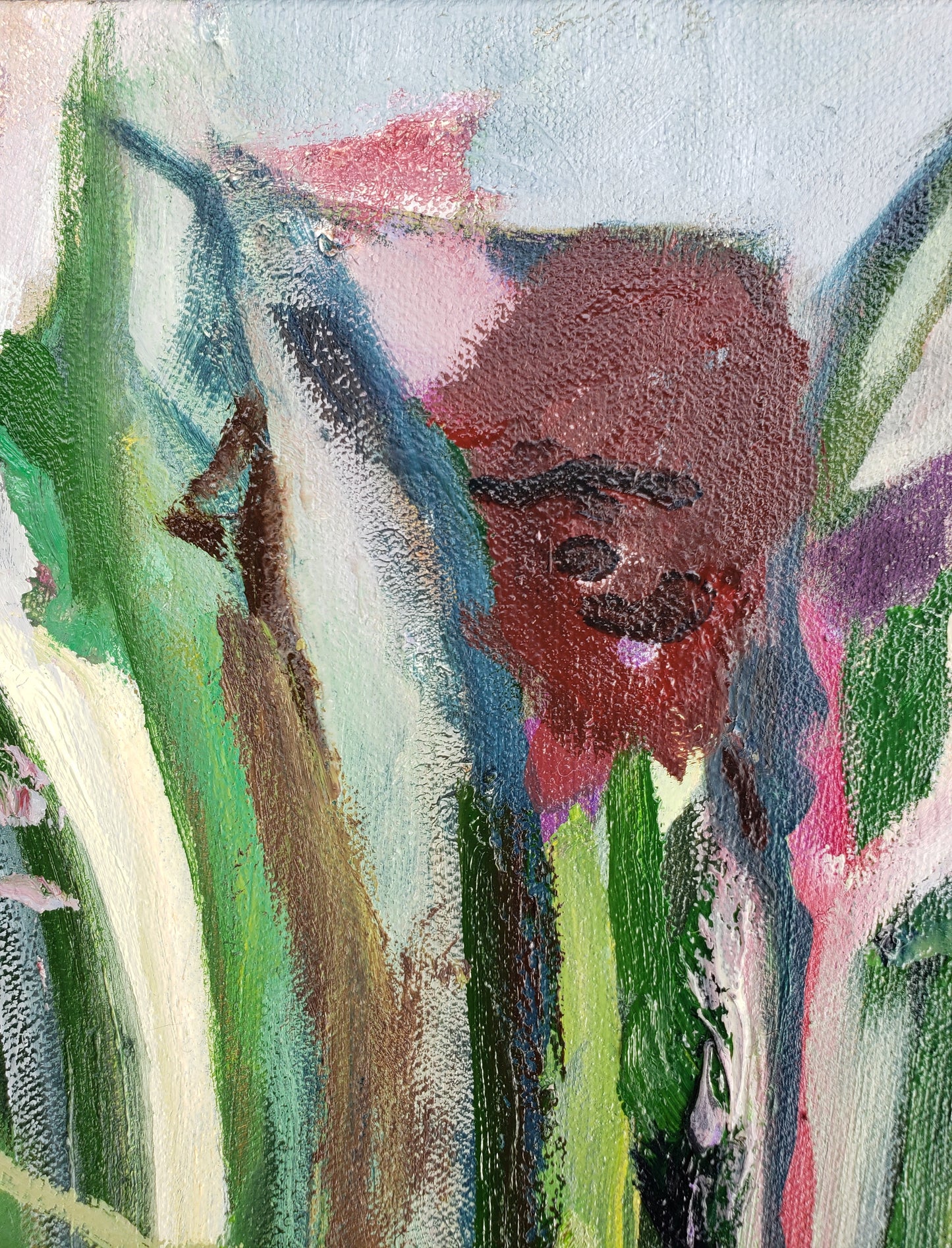 Abstract flower oil painting with green, brown, and pink colors