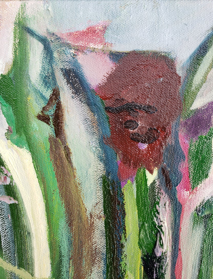 Abstract flower oil painting with green, brown, and pink colors