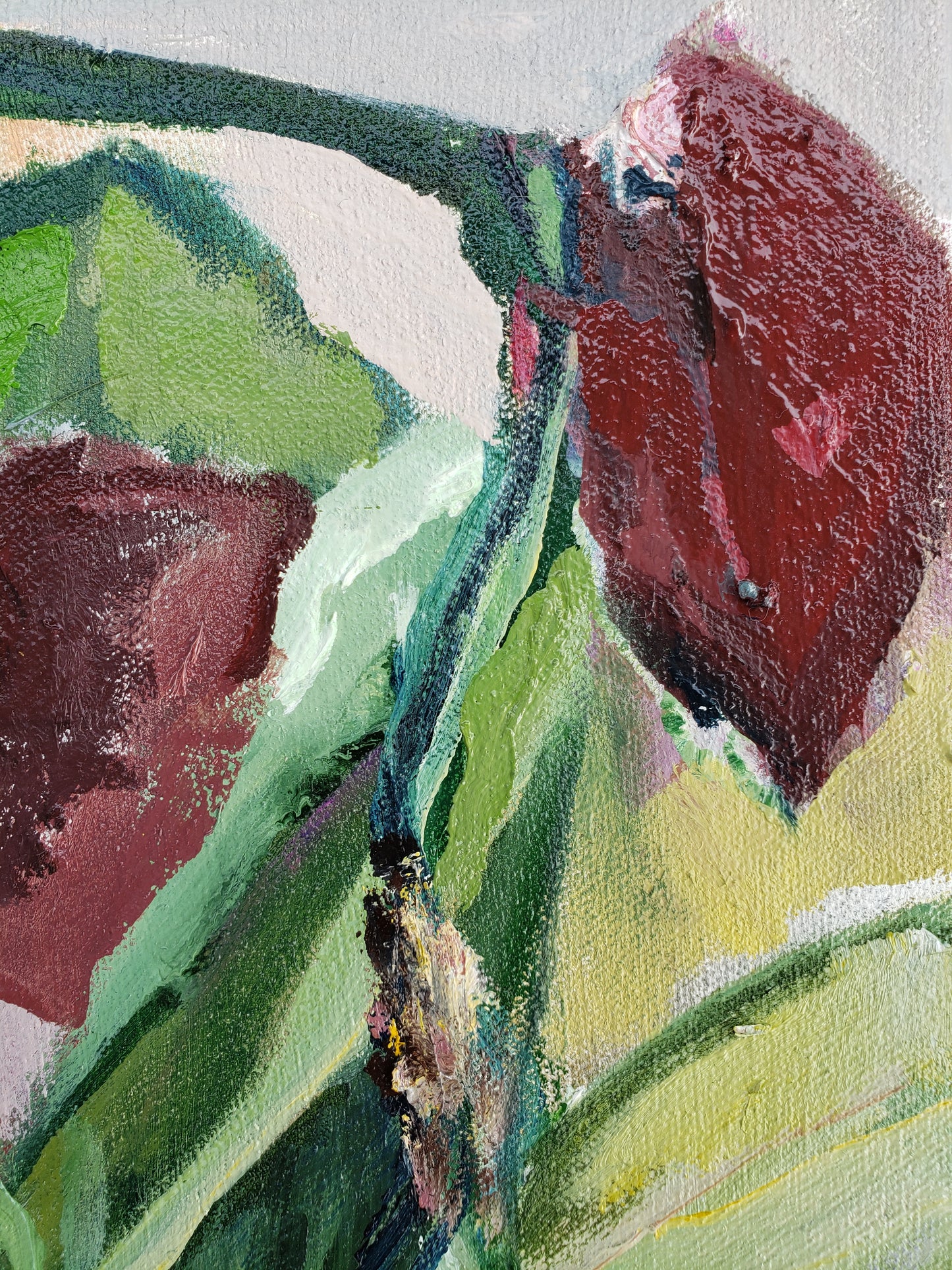 Close-up of a flower oil painting with red and green colors