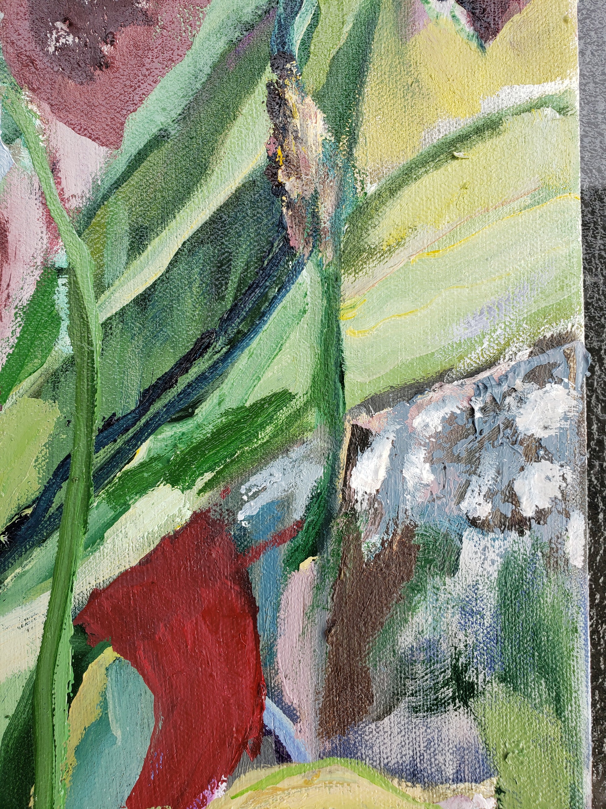 Abstract flower oil painting with a mix of green, red, and brown colors.