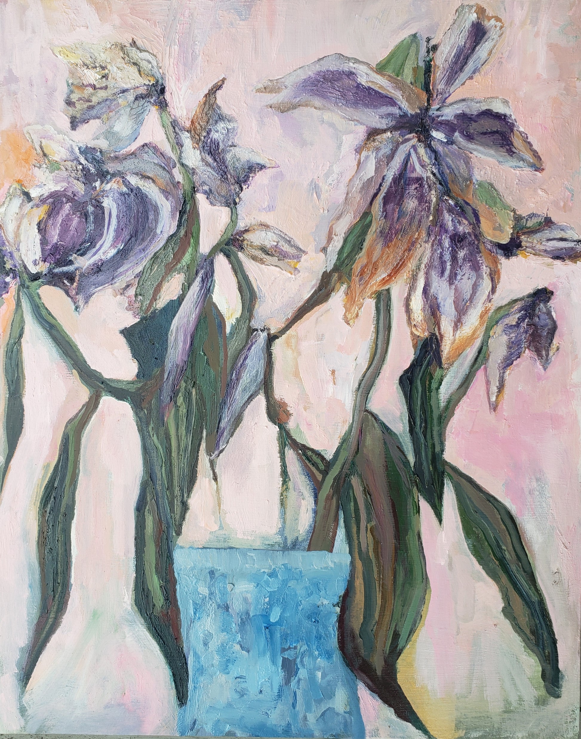 Artistic depiction of an oil painting of flowers with a blue vase on a light background