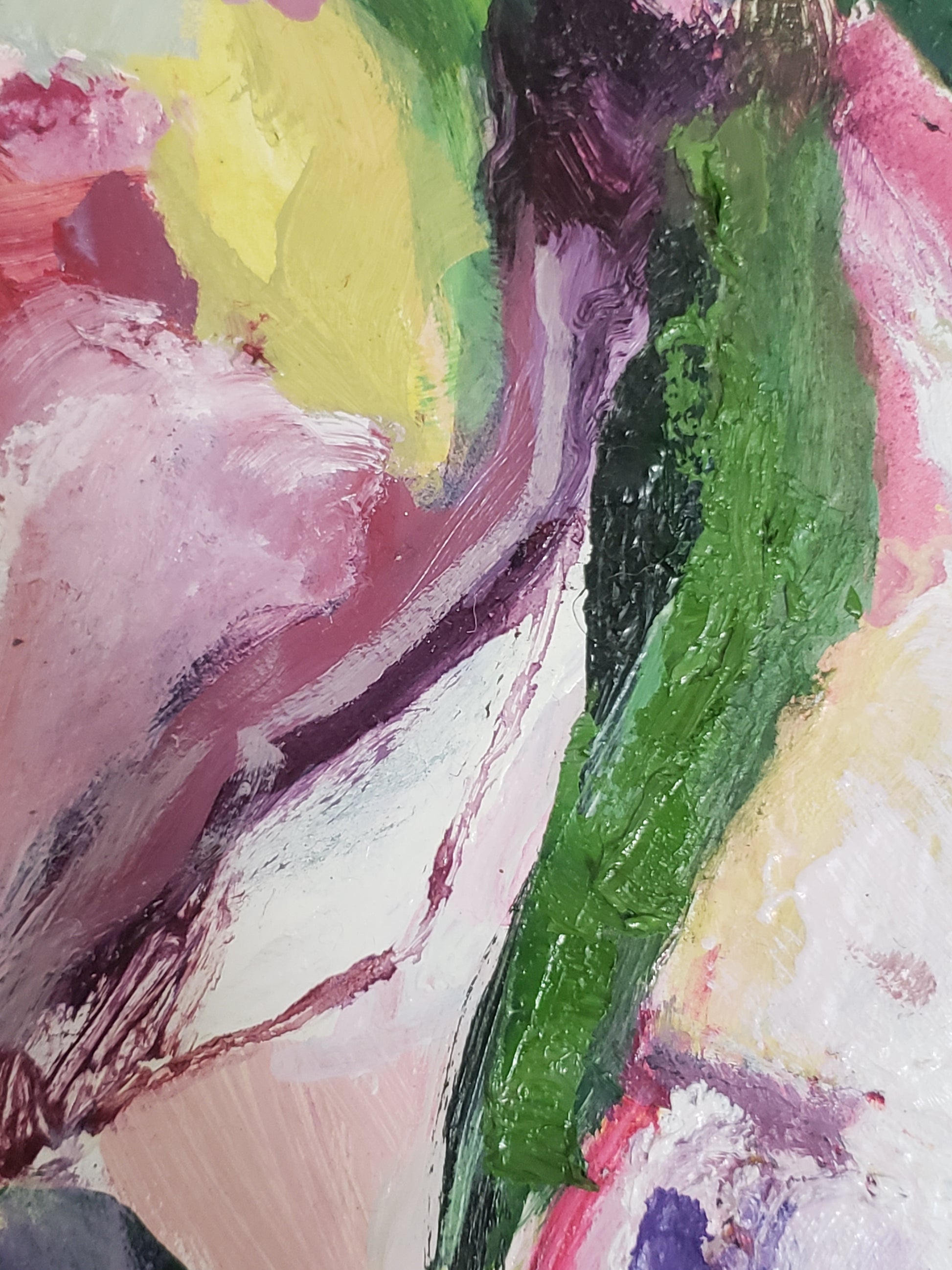 Abstract flower oil painting with a mix of green, pink, yellow, and purple colors.