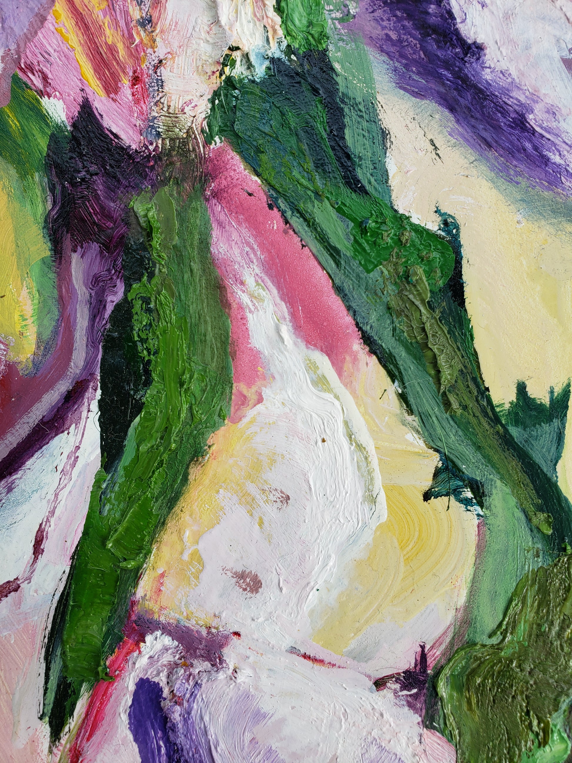 Abstract flower oil painting with a mix of green, purple, yellow, and white colors.