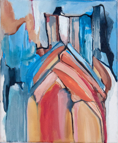 An abstract painting depicting the architectural facade of Notre Dame, Paris, by Jessica Puma rendered with expressive brushstrokes in shades of blue, terracotta orange, pink, beige, and dark navy on a white ground.