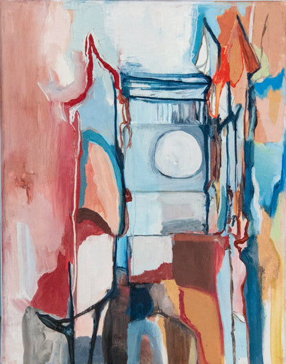 Abstract painting of the tower of Notre Dame by Jessica Puma with expressive brushstrokes in light blue, pink, red, orange, brown, and white.