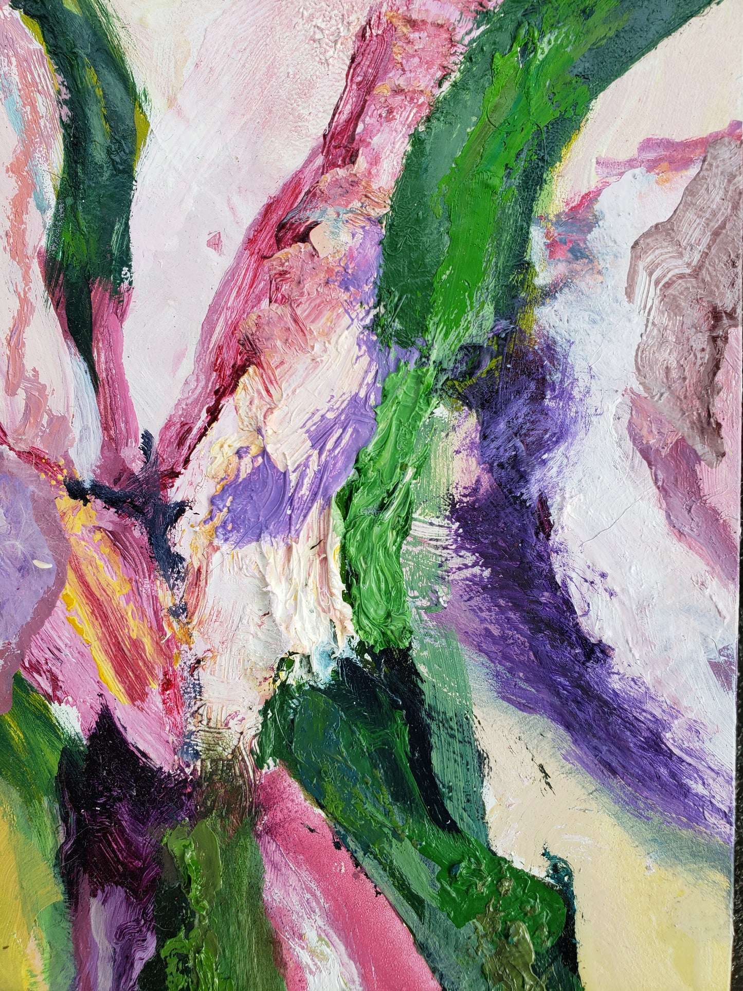 Abstract flower oil painting with a mix of green, purple, pink, and white colors.