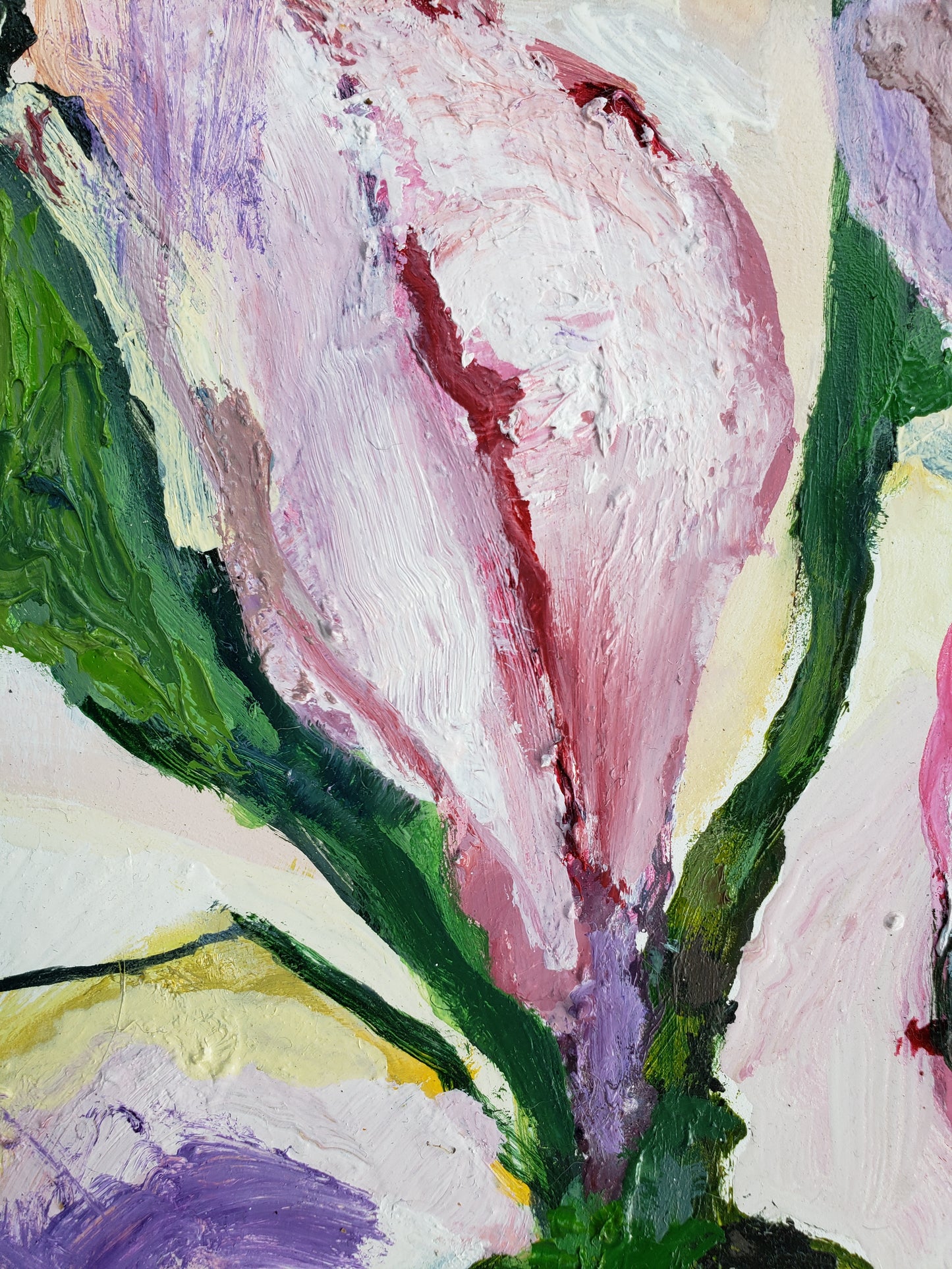 Abstract flower oil painting with pink, green, and purple colors