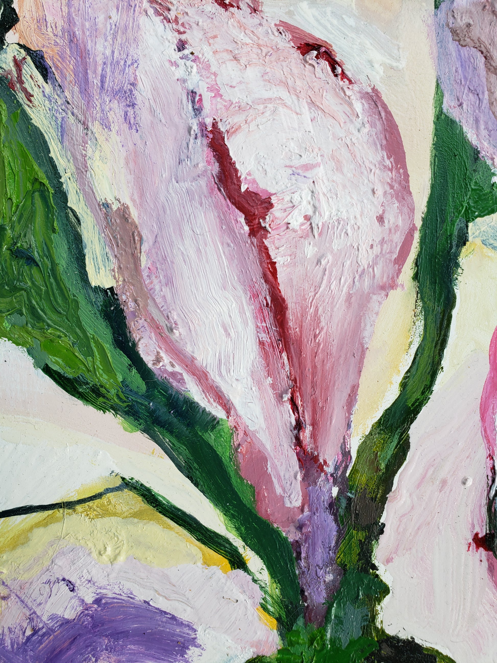 Abstract flower oil painting with pink, green, and purple colors