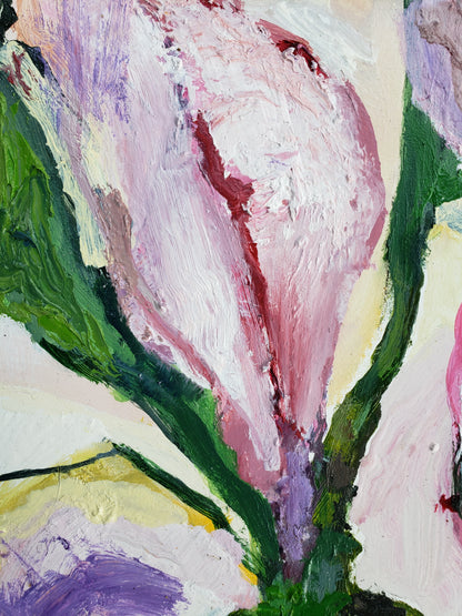 Abstract flower oil painting with pink, green, and purple colors