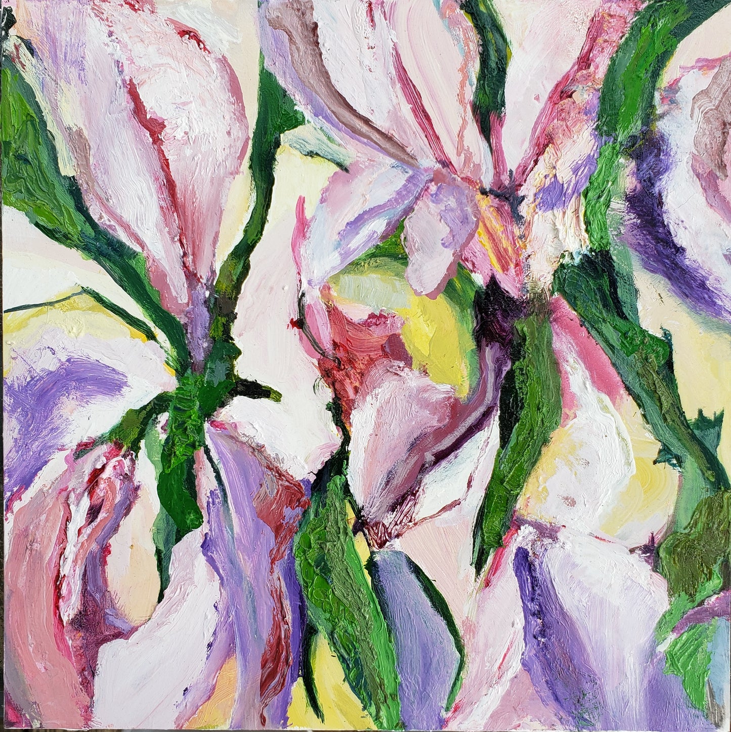 Abstract painting of flowers with vibrant colors on a light background