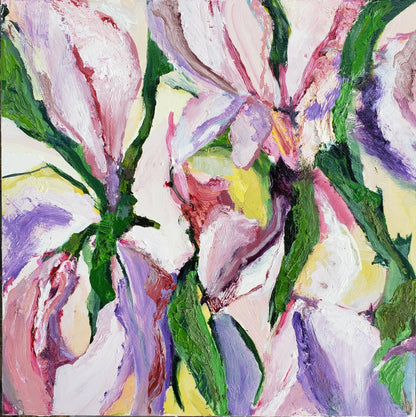 Abstract painting of flowers with vibrant colors on a light background