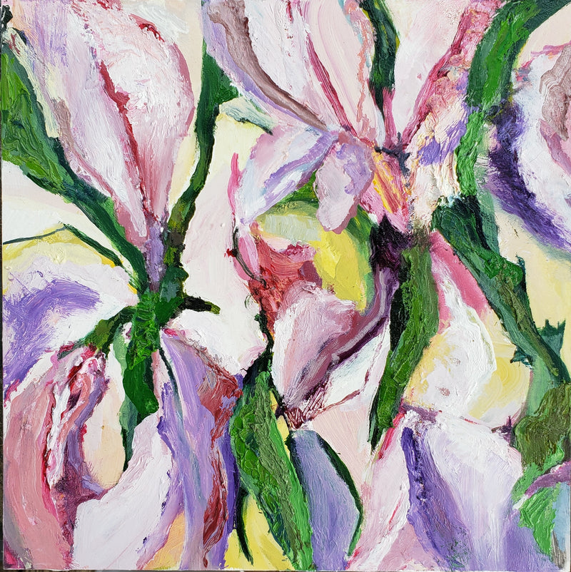 Abstract painting of flowers with vibrant colors on a light background