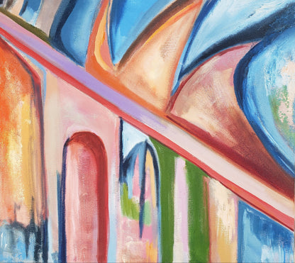 Original abstract oil painting, a study for a larger work by Jessica Puma.  Features architectural details of a ceiling with arches and curved lines in blue, orange, pink, green, yellow, and red tones.
