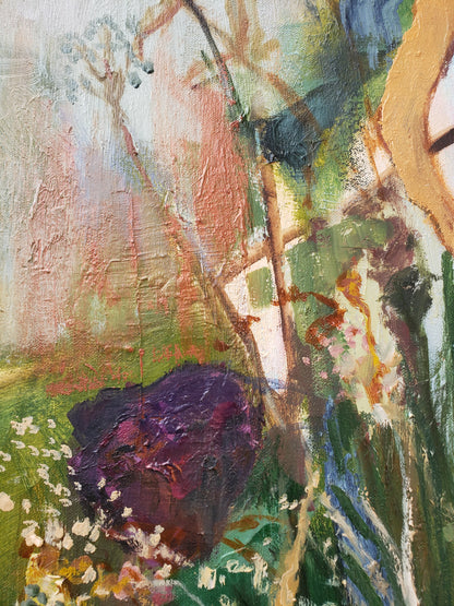 Close up of Contemporary floral still life oil painting titled, 'Ceremony' by Jessica Puma, featuring a rich, heavily layered impasto texture and muted, organic color tones.