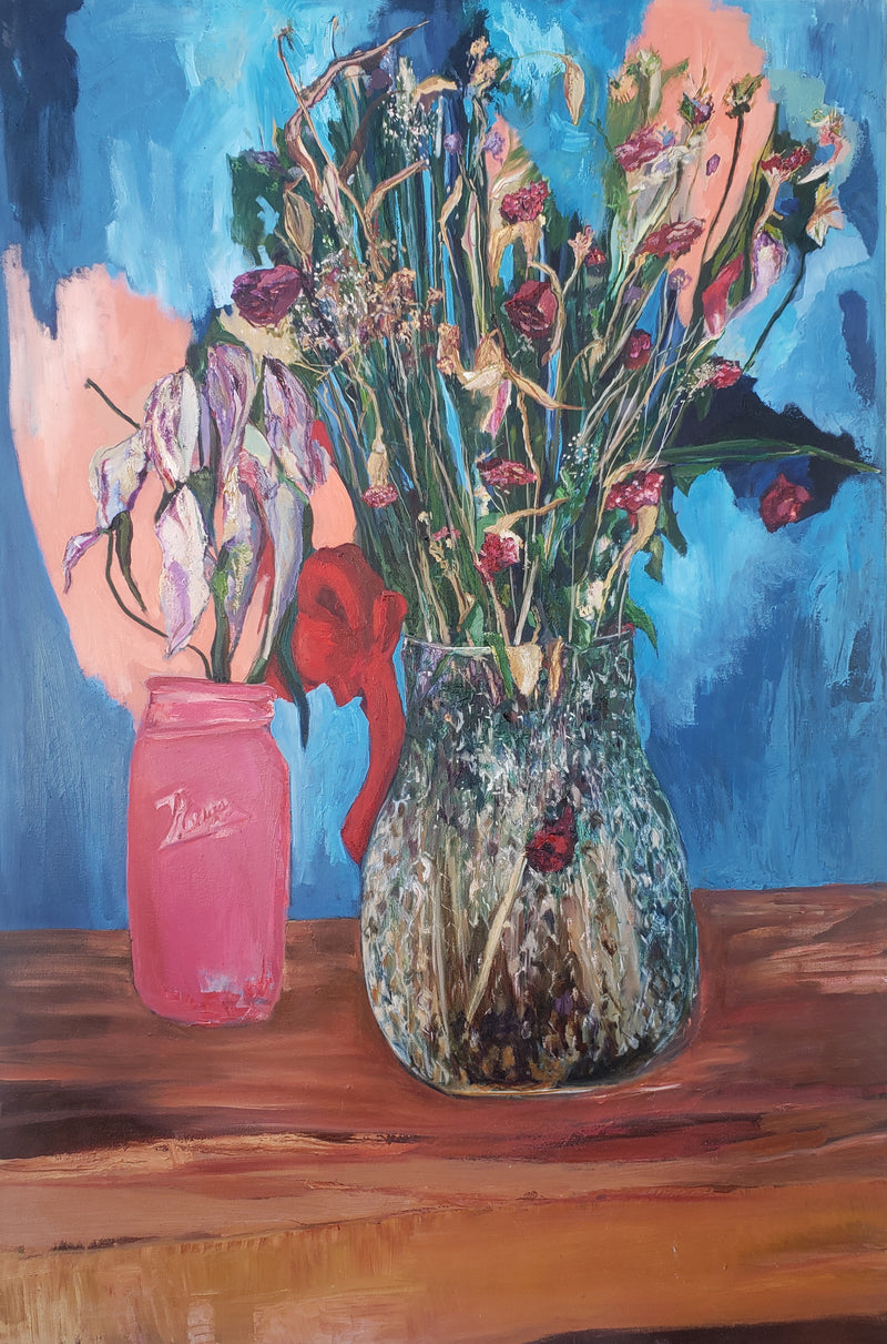 My Veteran, (self-portrait with my Grandfather) by Jessica Puma is a oil painting, 66x44."  The painting shows a dark red and brown and white floral arrangement in a crystal vase along with a pink jar of flowers against a blue background.
