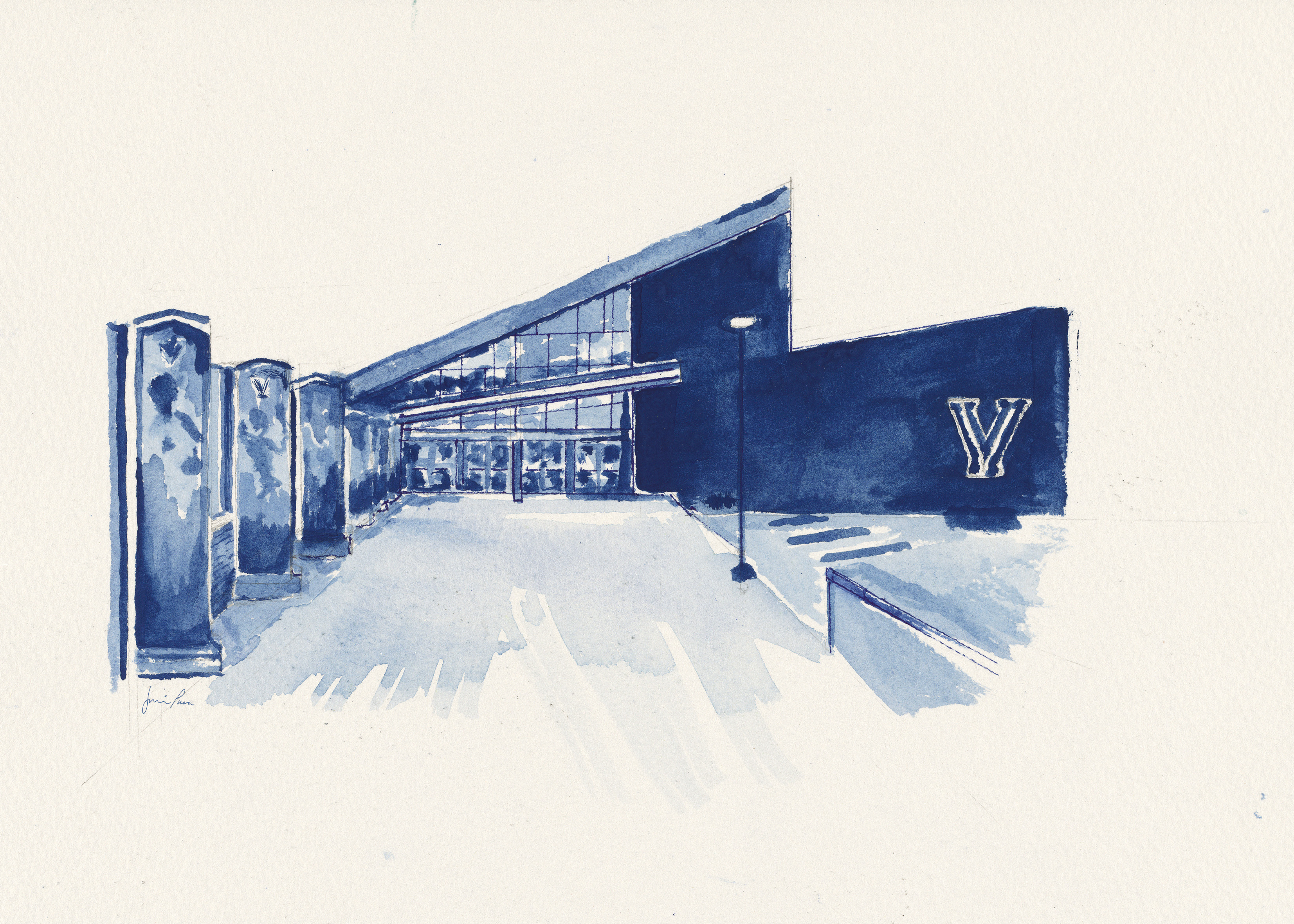 Finneran Pavilion, Villanova University watercolor painting by Jessica Puma