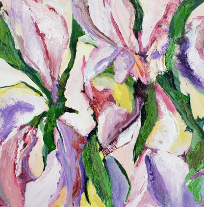 Fine are oil painting, I am already loved by Jessica Puma.  The impasto oil painting presents a close and cropped composition of a bunch of stargazer lilies, in various values of pink, purple and green.