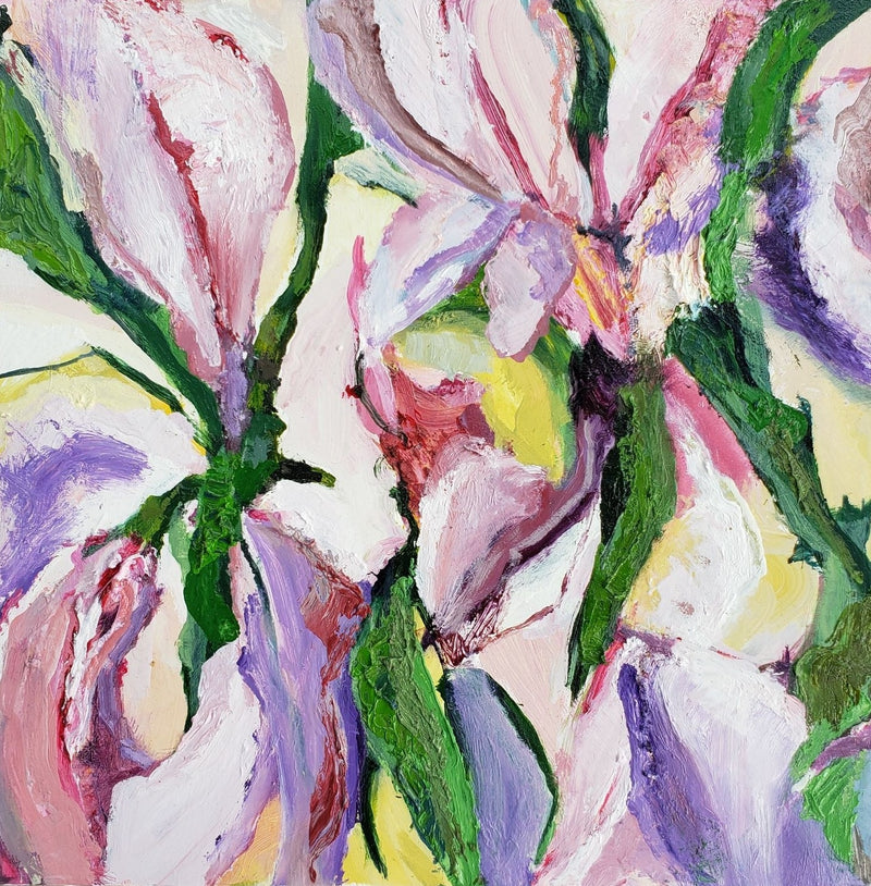Fine are oil painting, I am already loved by Jessica Puma.  The impasto oil painting presents a close and cropped composition of a bunch of stargazer lilies, in various values of pink, purple and green.