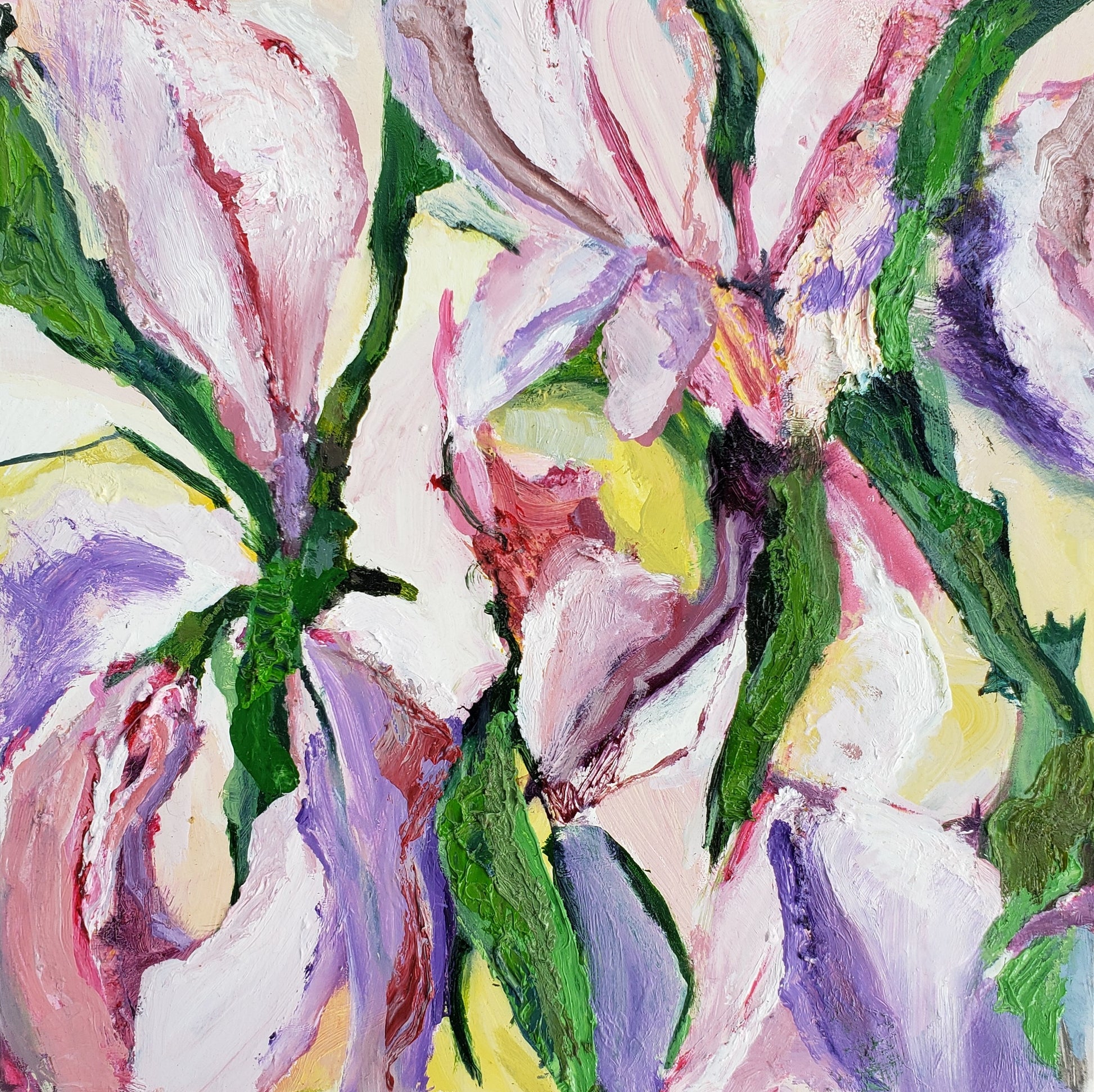 Abstract painting of flowers with vibrant colors on a white background