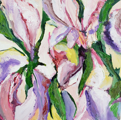 Abstract painting of flowers with vibrant colors on a white background