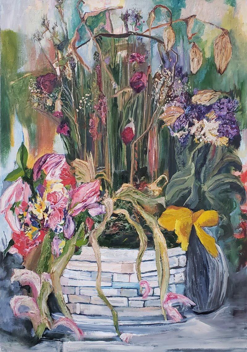 Contemporary floral still life oil painting titled, 'Ceremony' by Jessica Puma, featuring a rich, heavily layered impasto texture and muted, organic color tones.