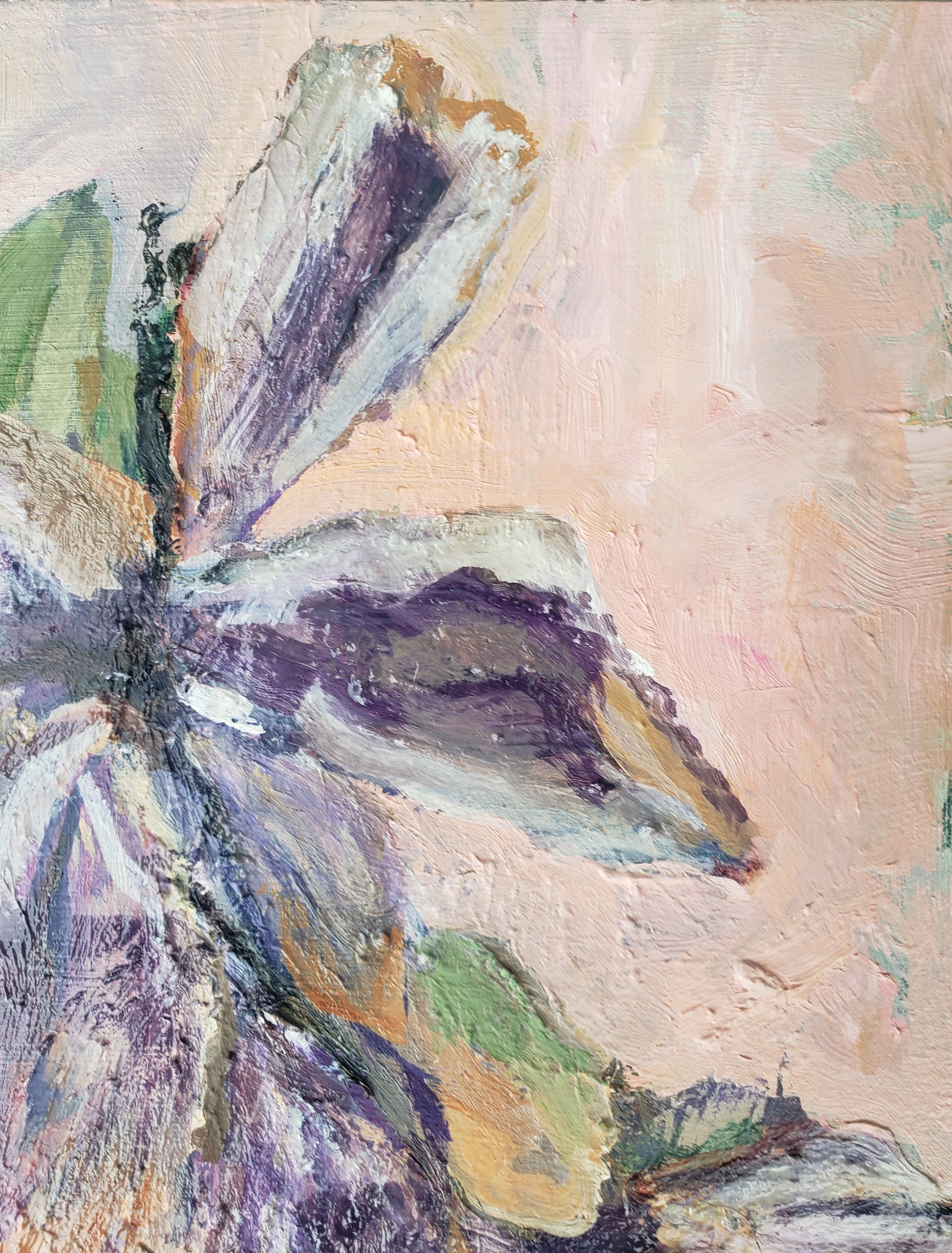 Abstract flower oil painting with a butterfly design on a textured beige background