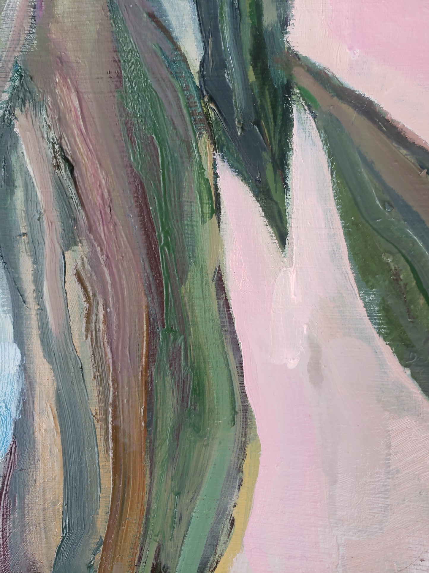 Abstract flower oil painting of a landscape with pink, green, and brown hues