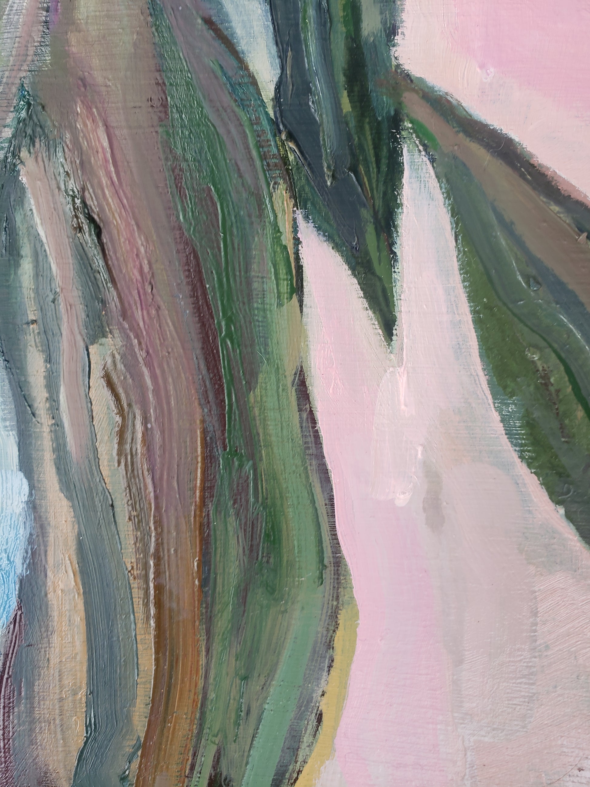 Abstract flower oil painting of a landscape with pink, green, and brown hues