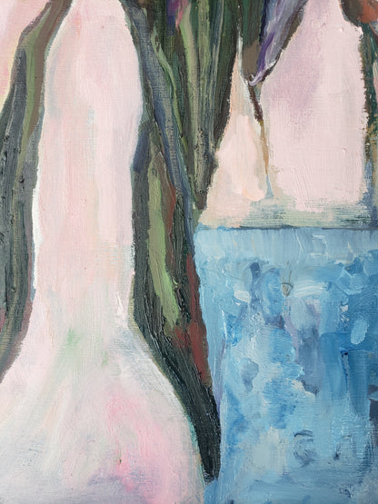 Abstract flower oil painting with a mix of colors and textures