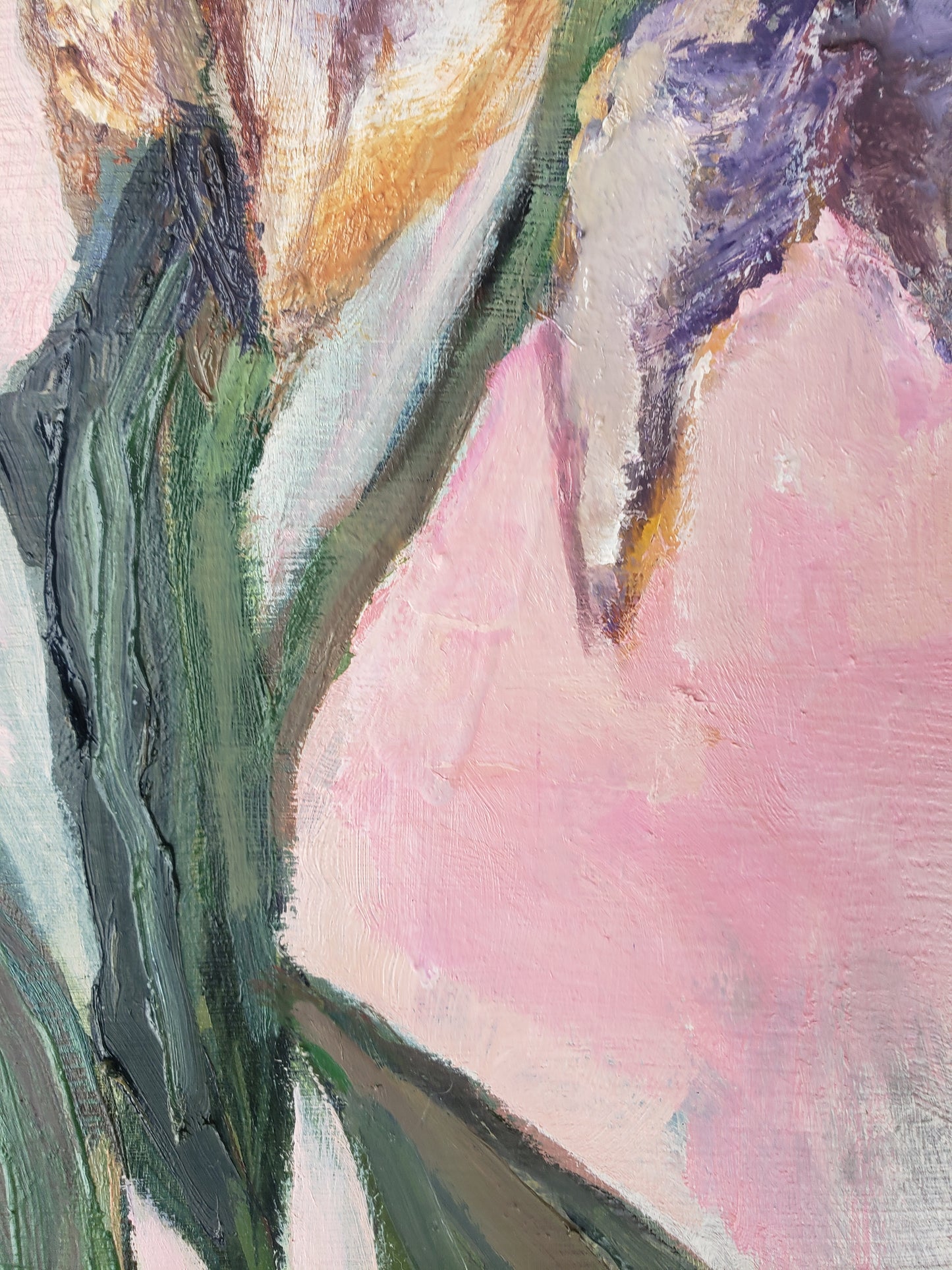 Abstract flower oil painting with pink, green, and brown colors