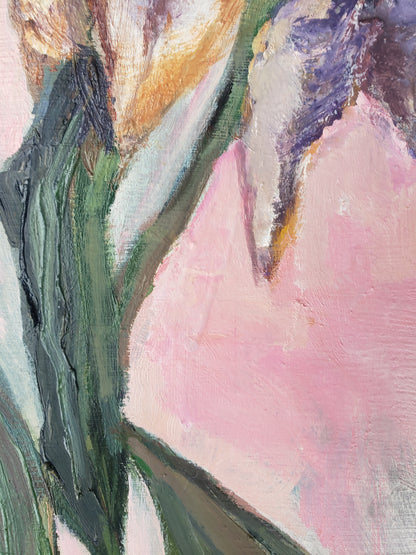 Abstract flower oil painting with pink, green, and brown colors