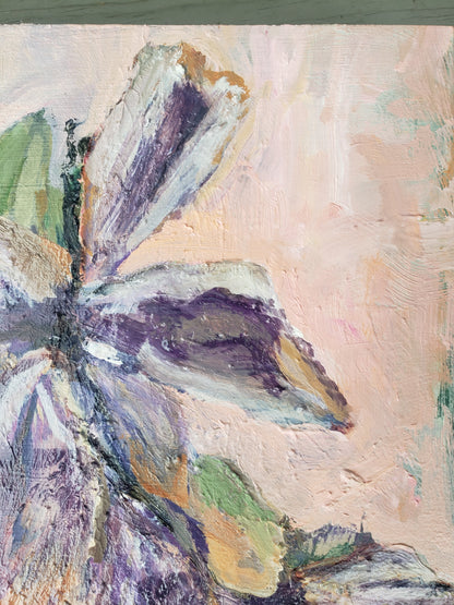 Abstract flower oil painting with a butterfly design on a light pink background