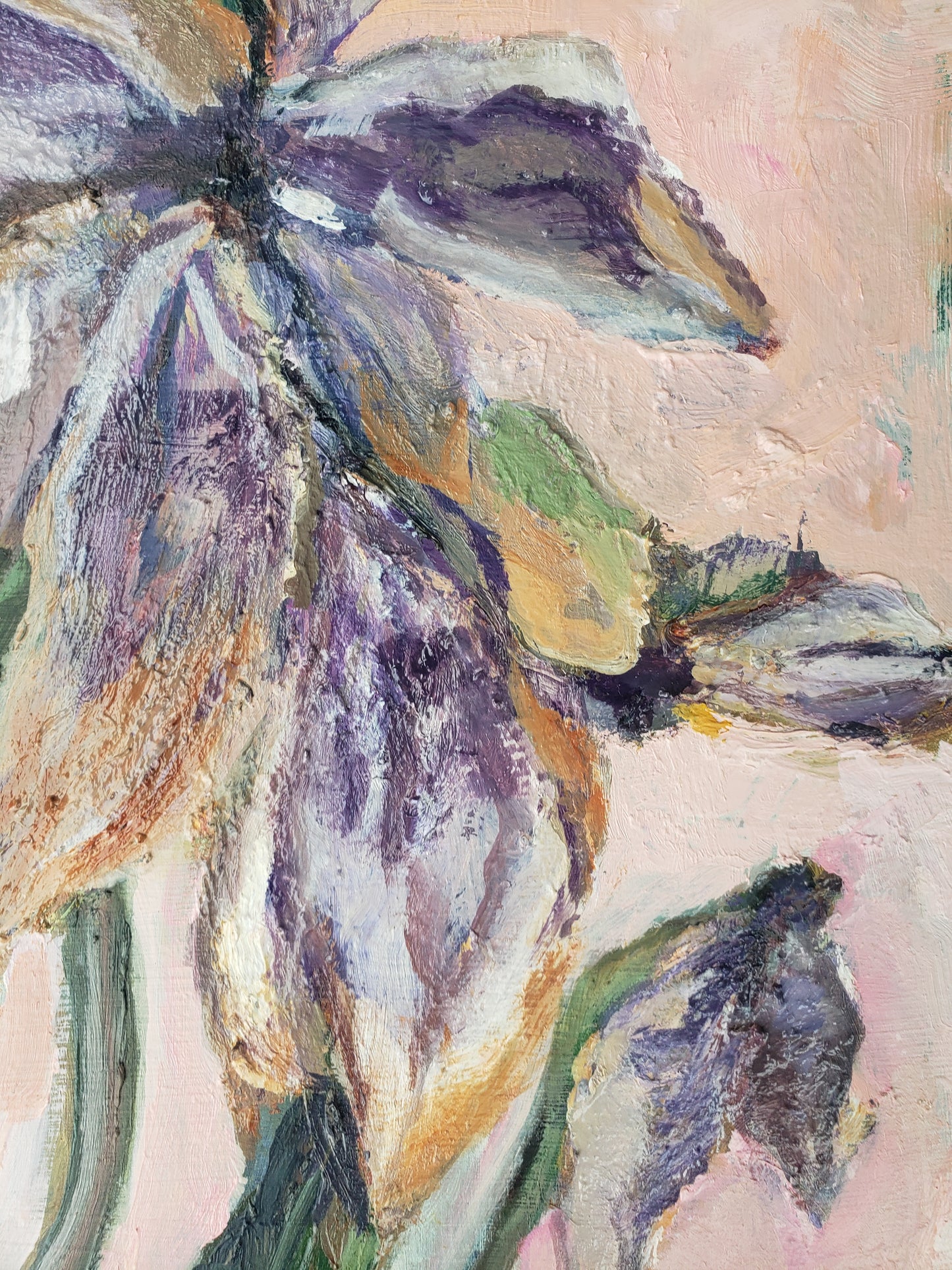 Abstract flower oil painting with purple, green, and orange hues on a light pink background