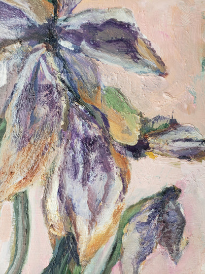 Abstract flower oil painting with purple, green, and orange hues on a light pink background