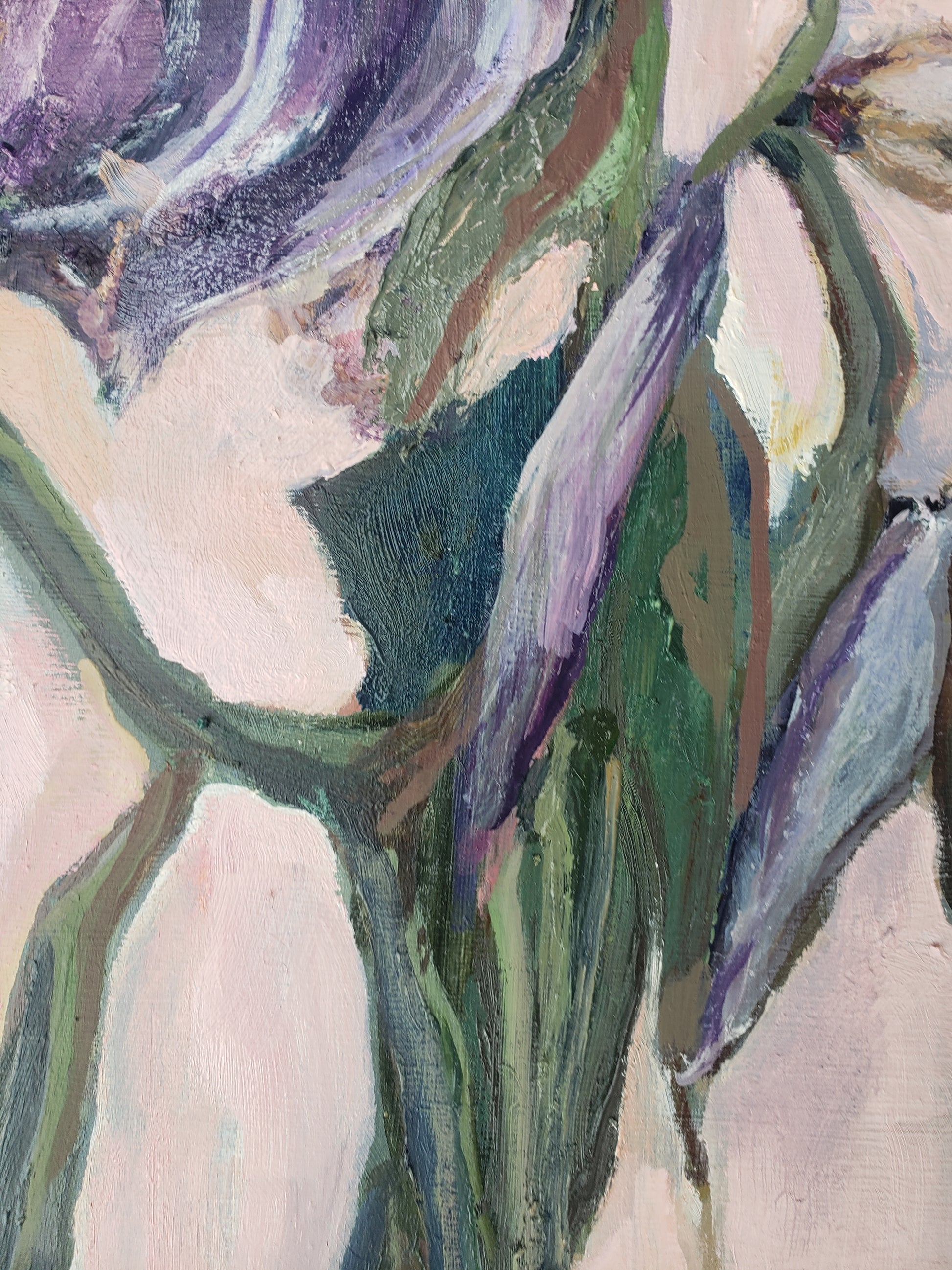 Abstract flower oil painting with green, purple, and brown hues on a light pink background