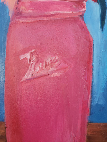 Detail of My Veteran, painting by Jessica Puma, featuring a  pink mason jar holding flowers with a variety of colors and textures.  