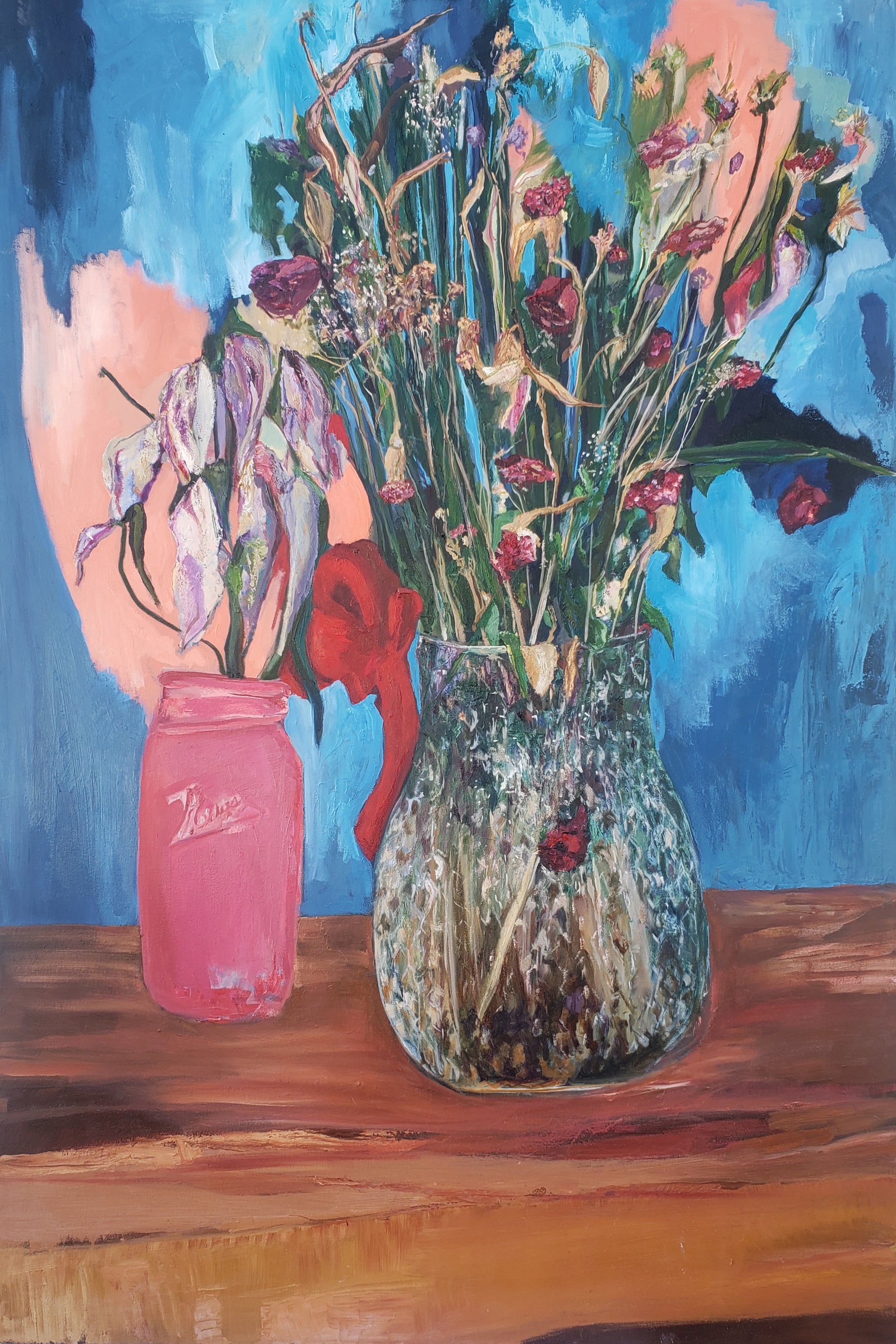 My Veteran, (self-portrait with my Grandfather) by Jessica Puma is a oil painting, 66x44."  The painting shows a dark red and brown and white floral arrangement in a crystal vase along with a pink jar of flowers against a blue background.
