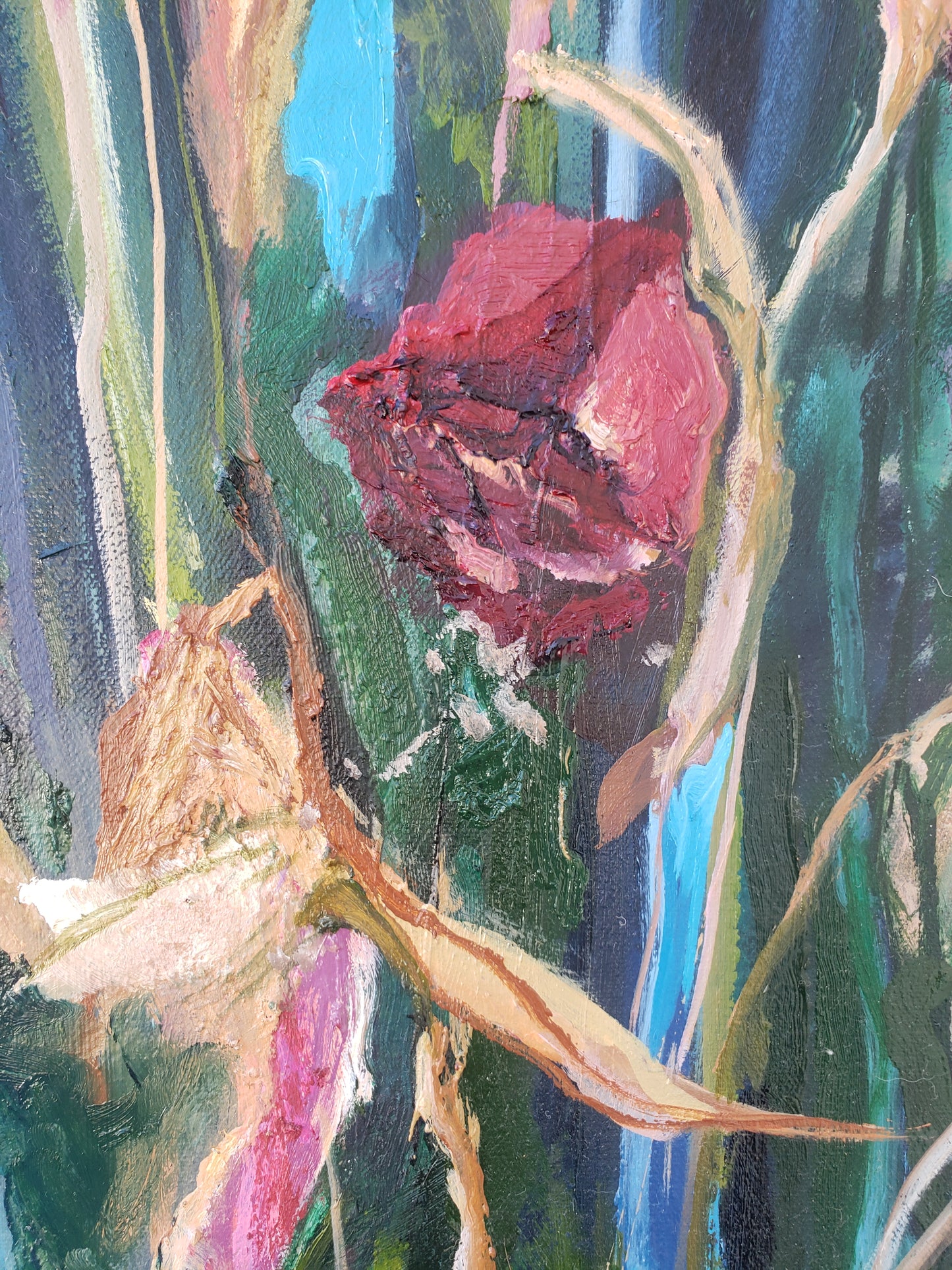 Detail of My Veteran, painting by Jessica Puma, featuring with a variety of colors and textures.  