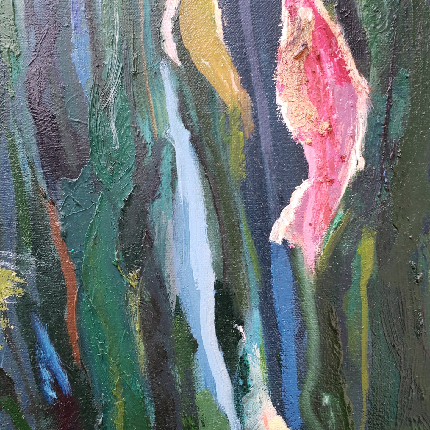 Abstract oil painting with a variety of colors and textures and flowers