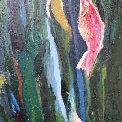 Abstract oil painting with a variety of colors and textures and flowers