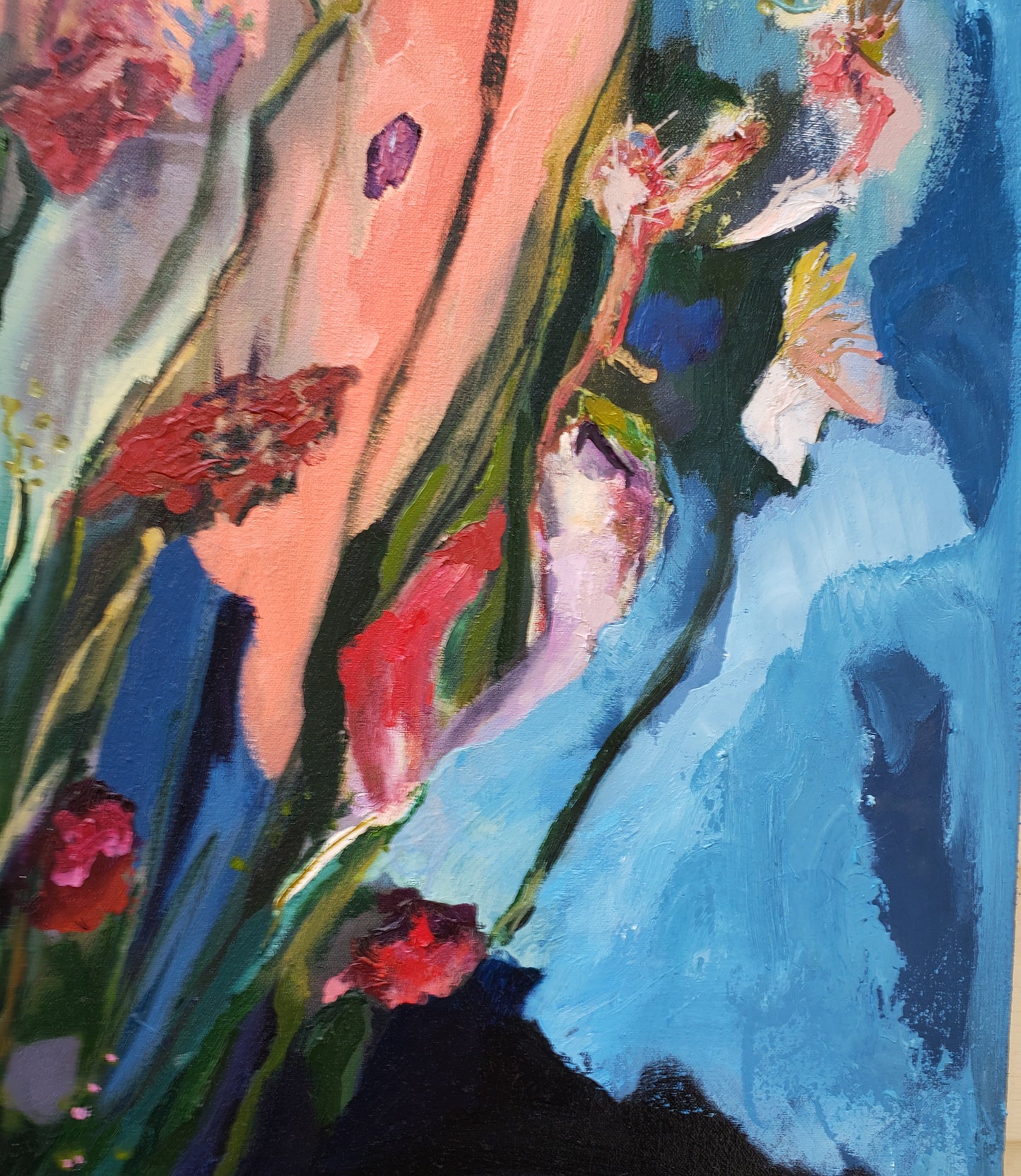 Abstract oil painting with flowers and blue background