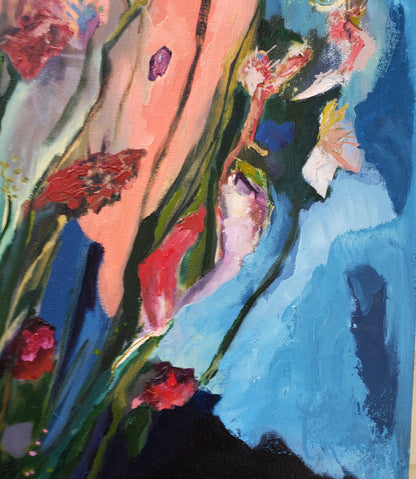 Abstract oil painting with flowers and blue background