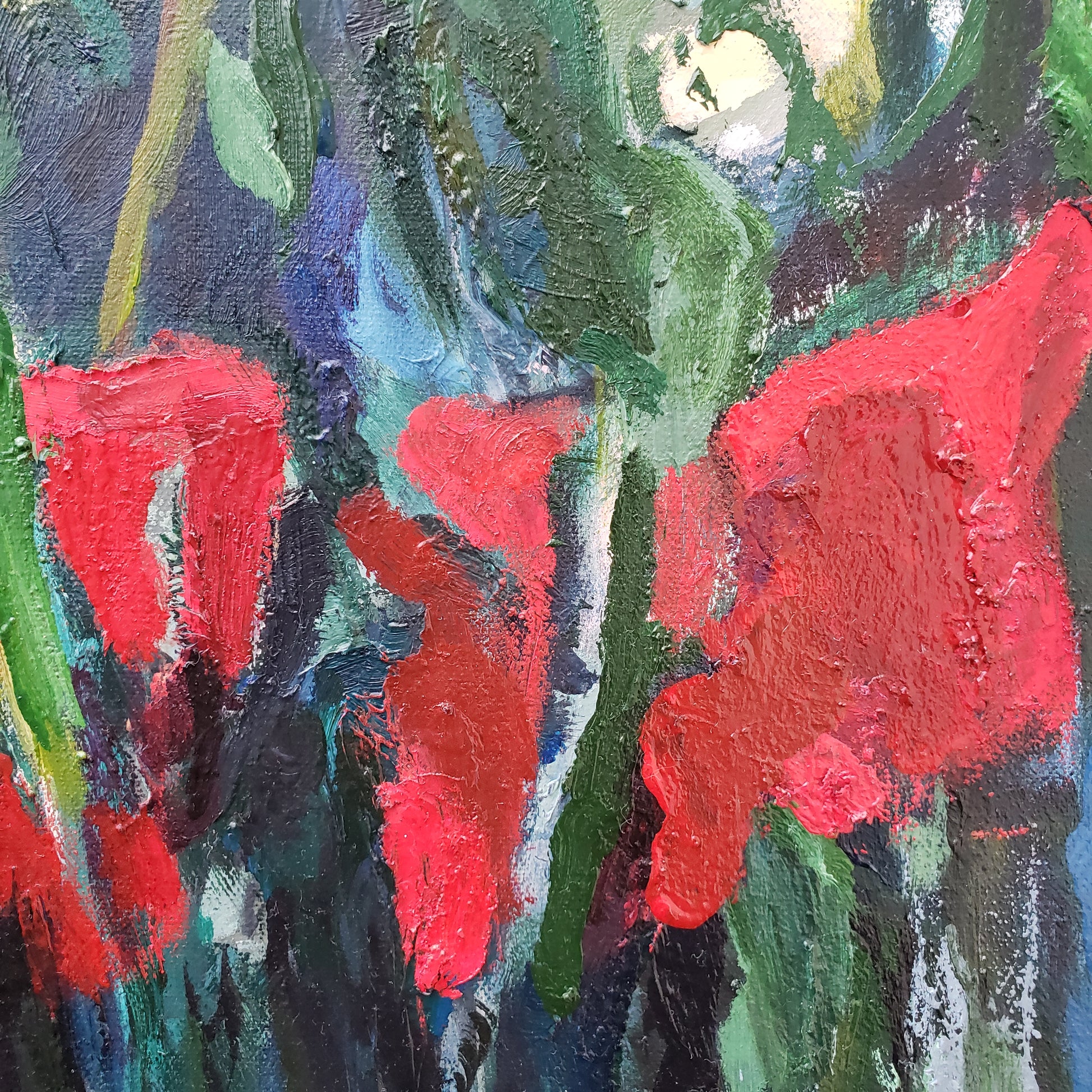 Abstract flower oil painting with red, green, and blue colors