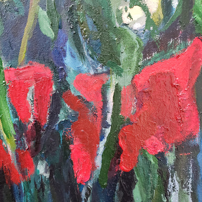 Abstract flower oil painting with red, green, and blue colors