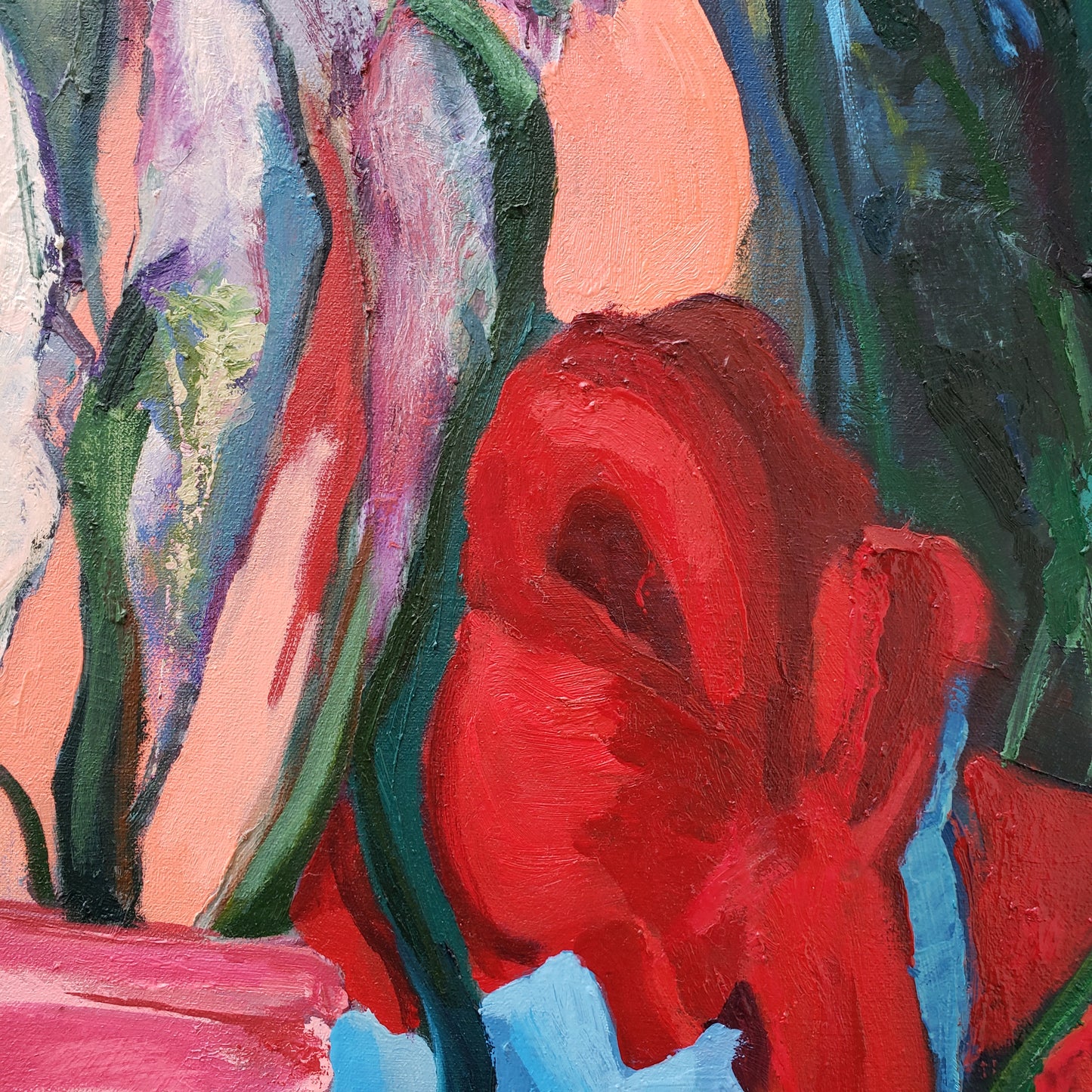 Colorful abstract oil painting with a prominent red flower-like shape.