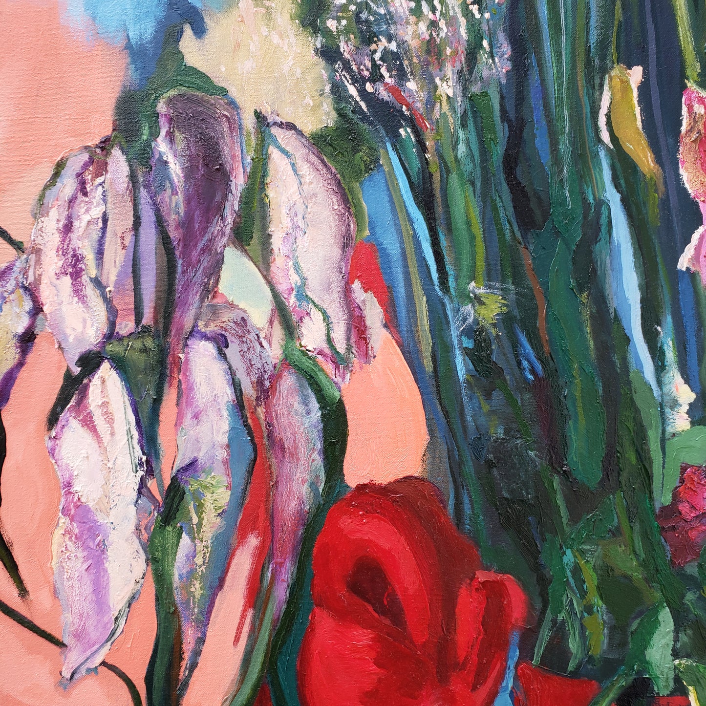 Colorful abstract oil painting with thick paint brushed flowers